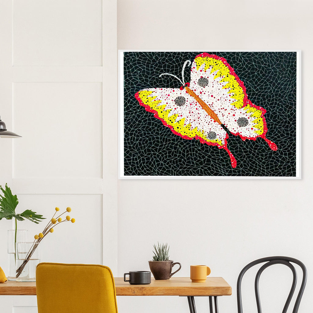 Yayoi Kusama framed print — Butterfly [Kusama 81] by Yayoi Kusama takes the lightness of a butterfly and gives it graphic intensity through pattern
