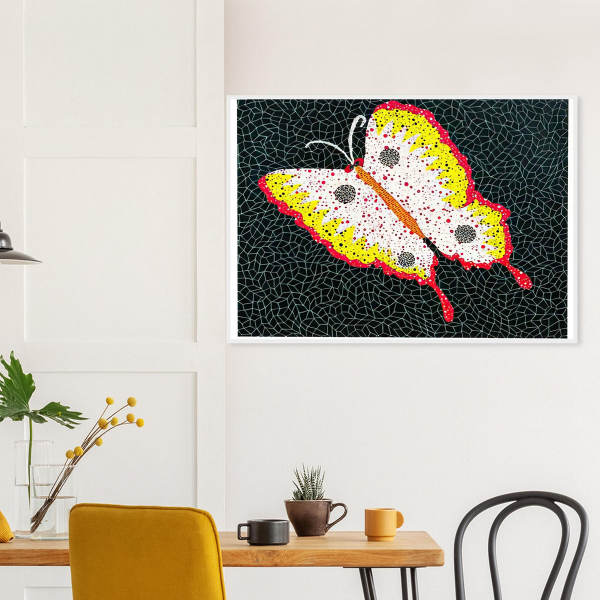 Yayoi Kusama framed print — Butterfly [Kusama 81] by Yayoi Kusama takes the lightness of a butterfly and gives it graphic intensity through pattern