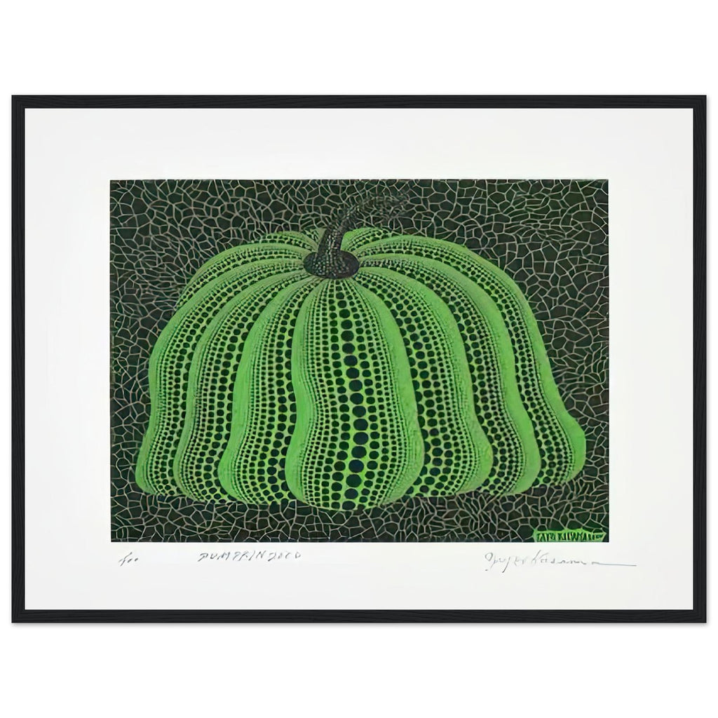 Yayoi Kusama framed print — Pumpkin 2000 (Green) uses a green treatment to reinterpret one of Kusama’s most affectionate subjects