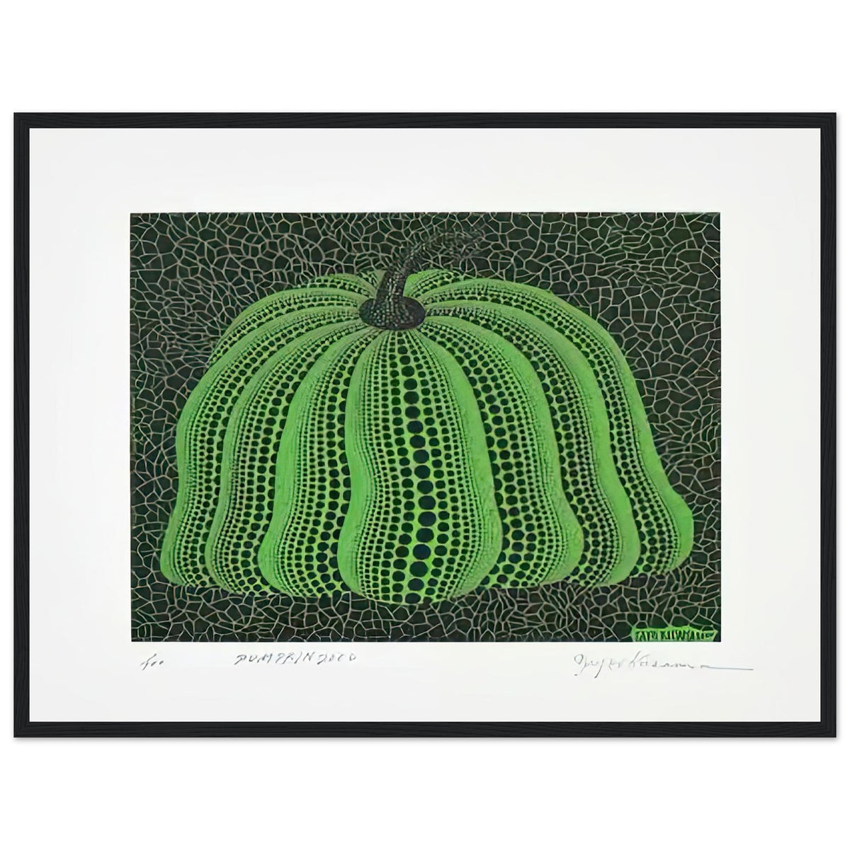Yayoi Kusama framed print — Pumpkin 2000 (Green) uses a green treatment to reinterpret one of Kusama’s most affectionate subjects