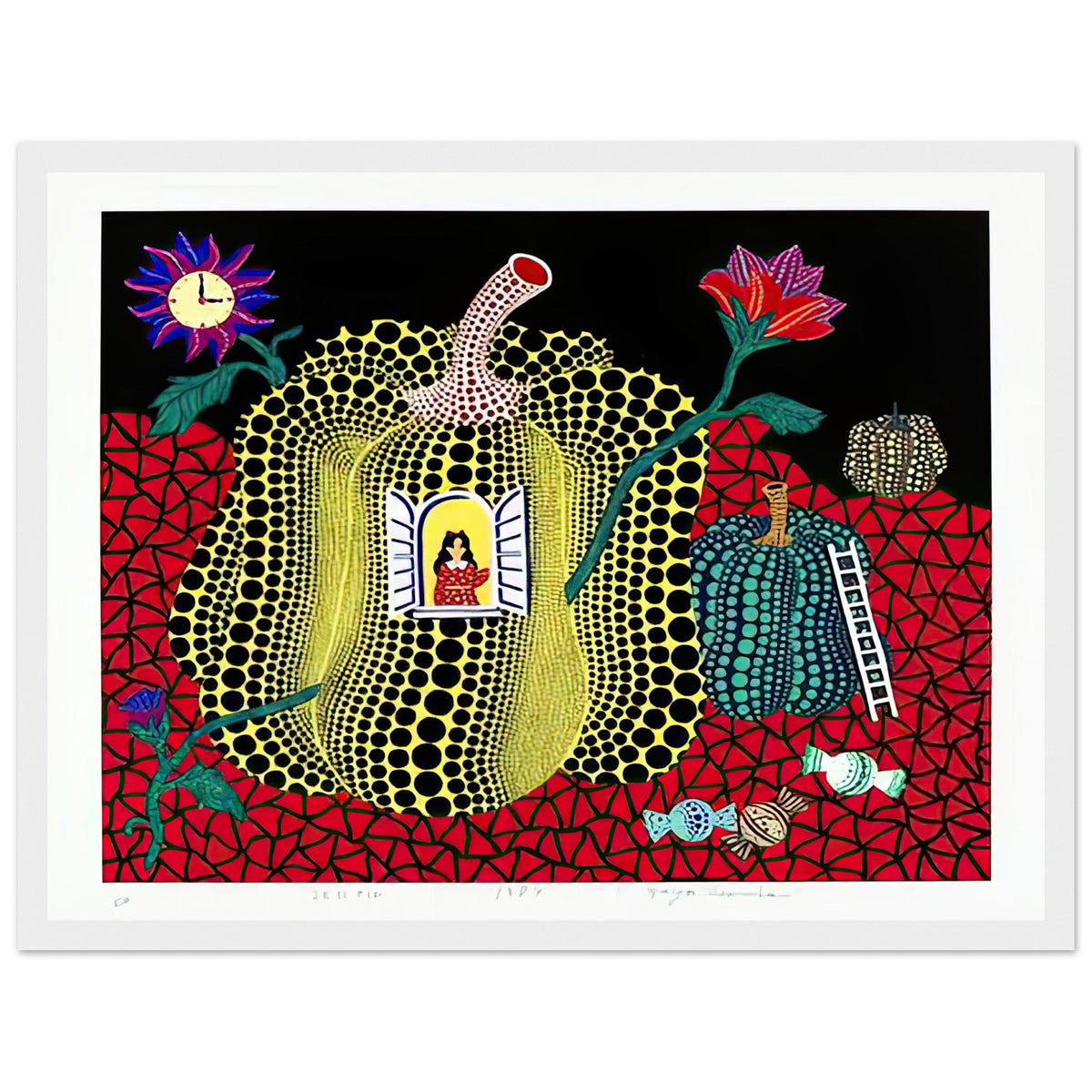Yayoi Kusama framed print — Hello (Image 2) is presented here as a poster based on Yayoi Kusama’s artwork, white frame, 30x40 cm / 12x16″