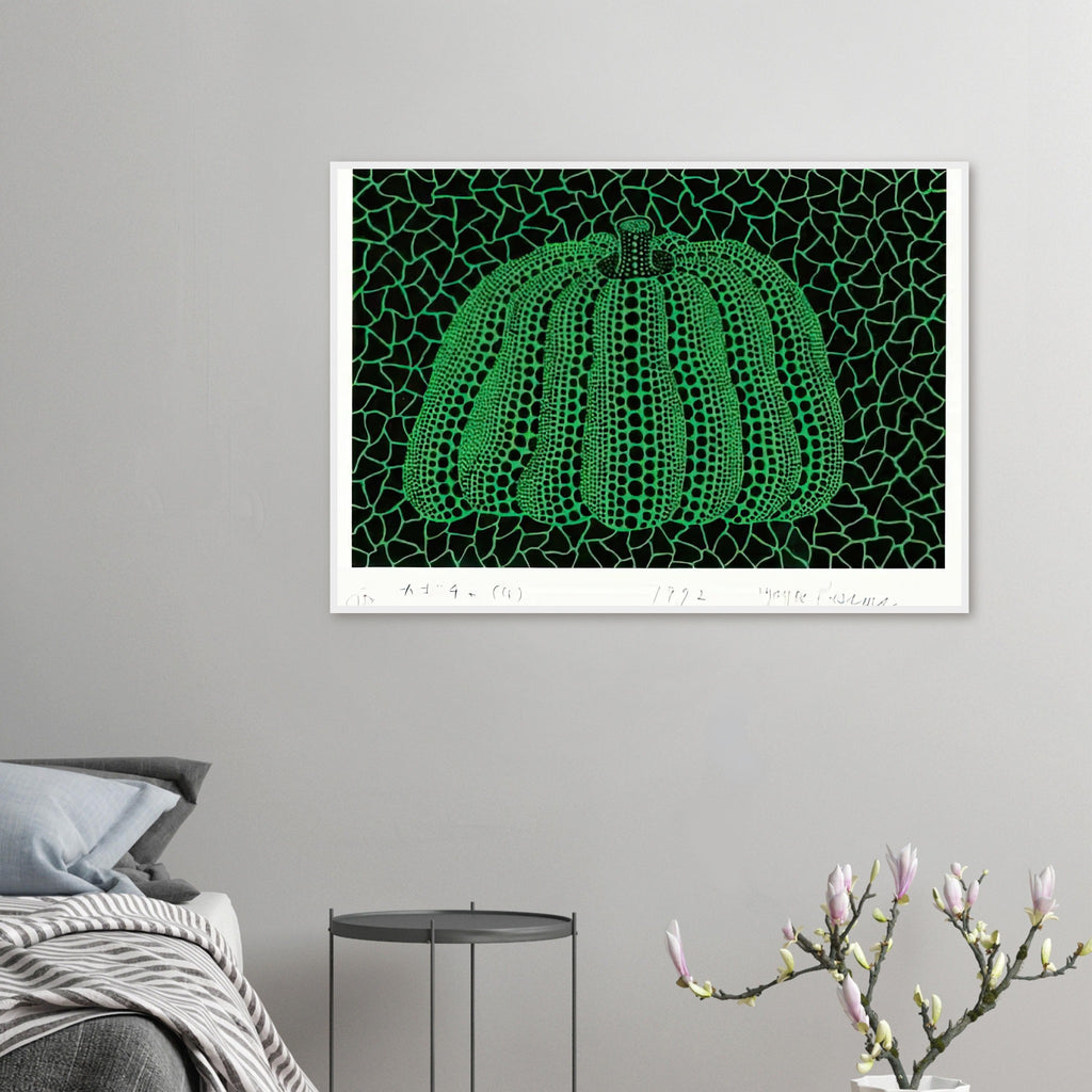 Yayoi Kusama framed print — Pumpkin (G) [Kusama 151] revisits Kusama’s best-known vegetable through the relationship between its distinctive form and repeating ornament
