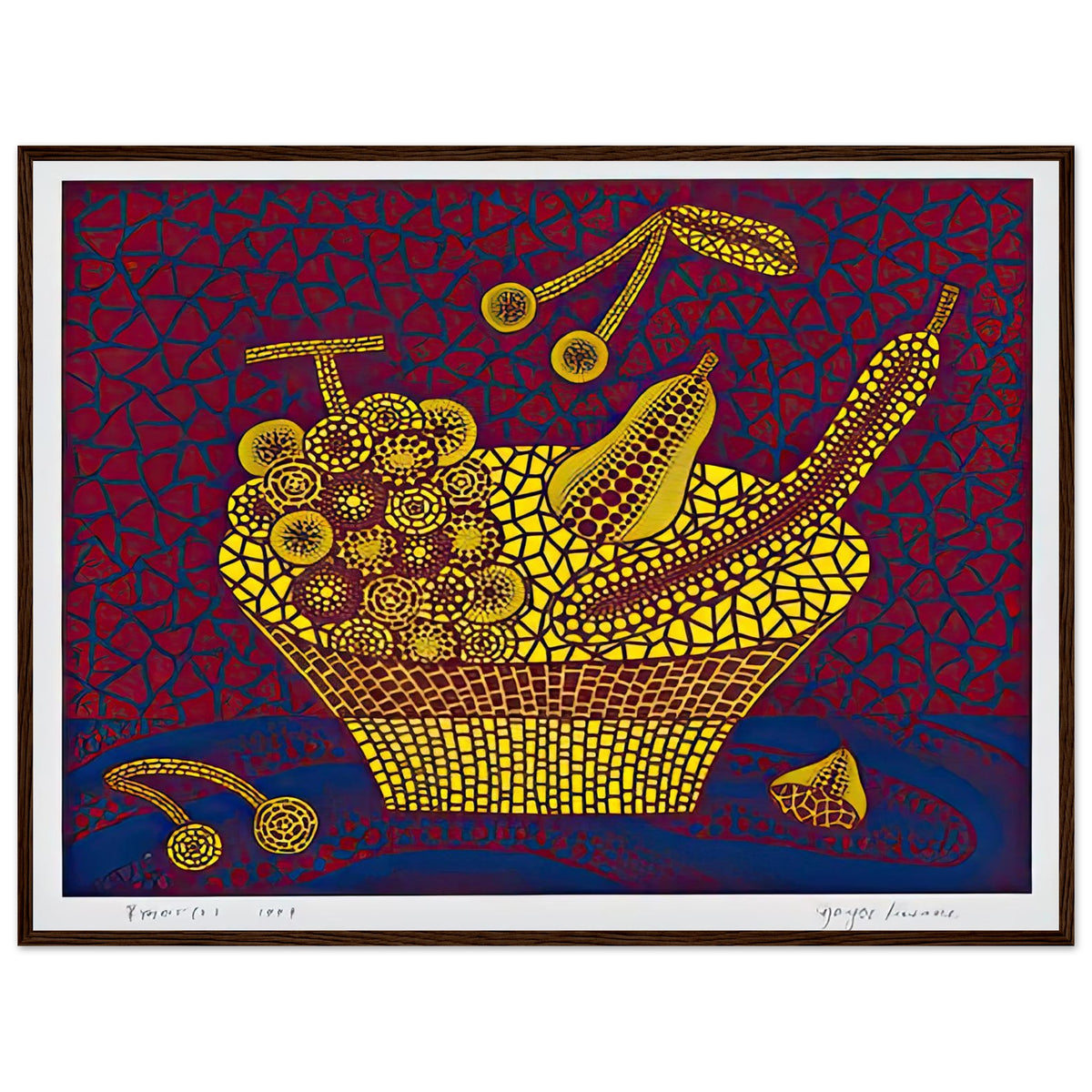 Yayoi Kusama framed print — Fruit Basket (2) by Yayoi Kusama explores one of the artist’s recurring subjects: the abundance of ordinary fruit, dark wood frame, 60x80 cm / 24x32″