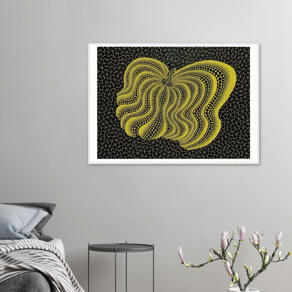 Yayoi Kusama framed print — Dancing Pumpkin (YBL) [Kusama 320] presents the gourd as a figure in motion