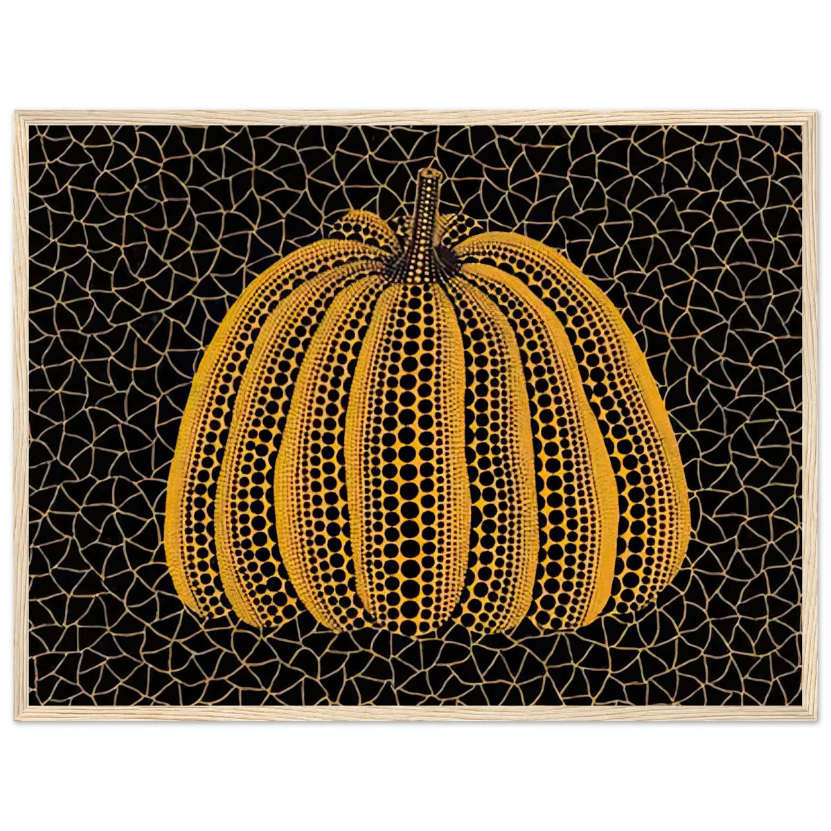 Yayoi Kusama framed print — Pumpkin (YY) [Kusama 231] revisits Kusama’s best-known vegetable through the relationship between its distinctive form and repeating ornament, wood frame, 45x60 cm / 18x24″