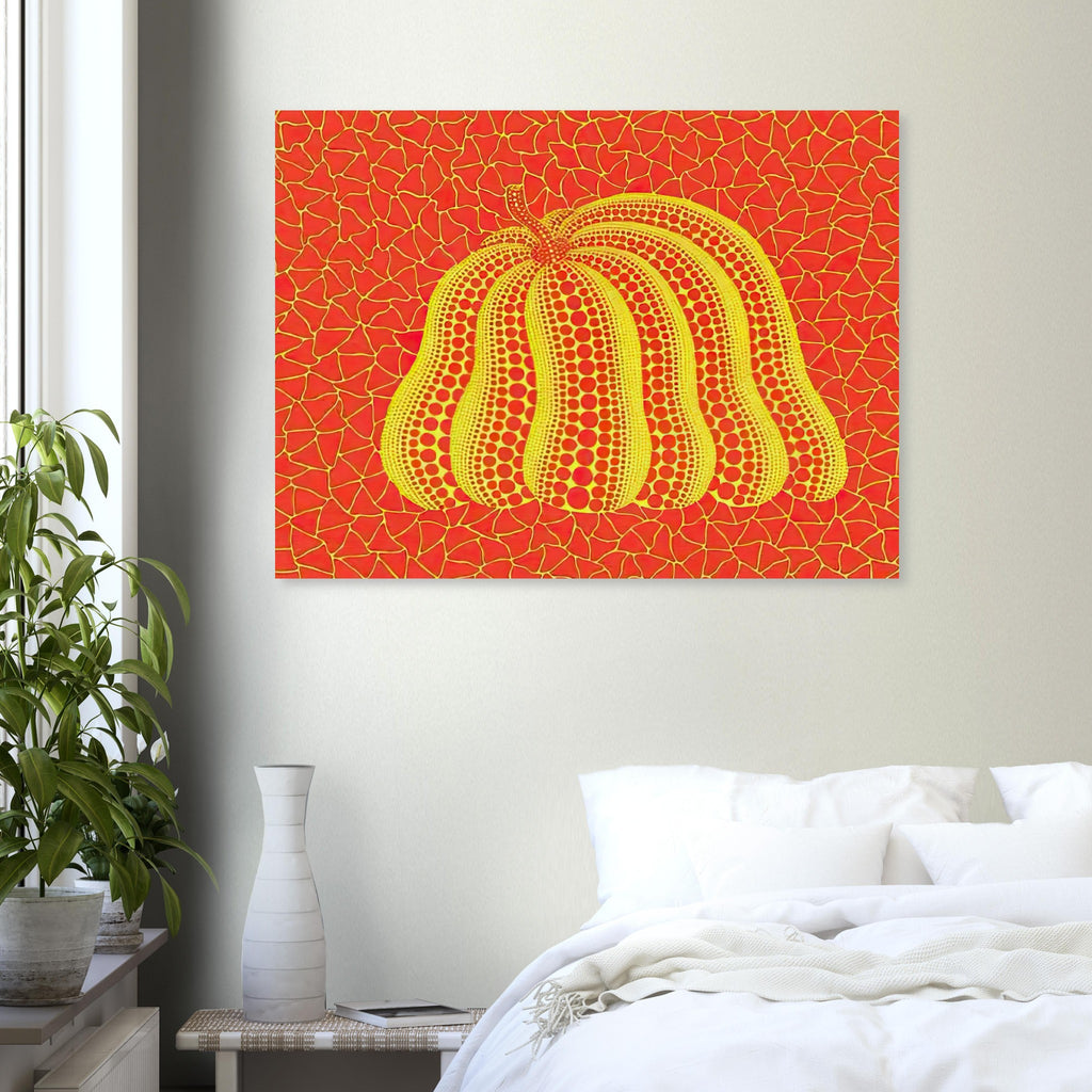 Yayoi Kusama poster — Pumpkin (YOR-A) [Kusama 326] revisits Kusama’s best-known vegetable through the relationship between its distinctive form and repeating ornament