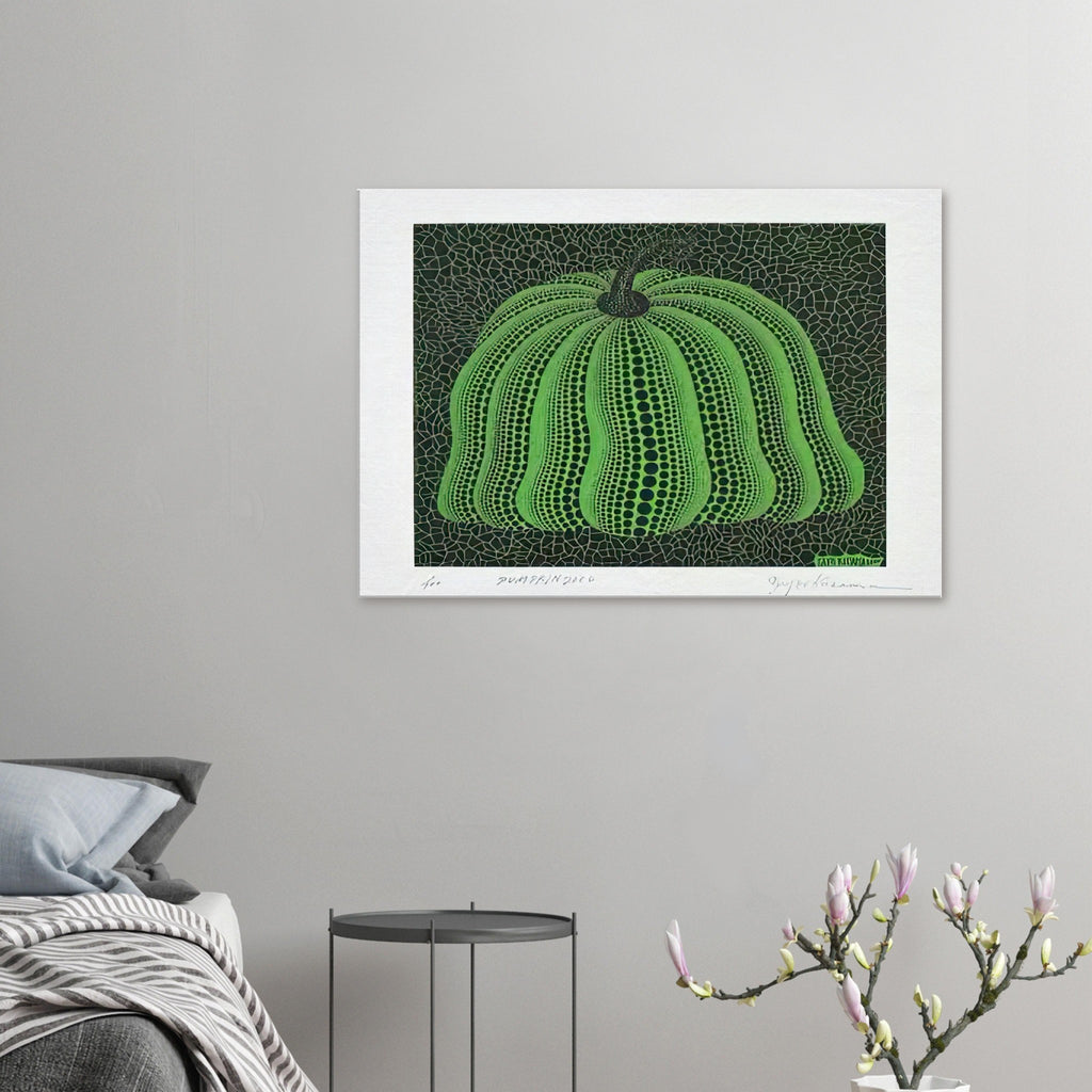 Yayoi Kusama canvas print — Pumpkin 2000 (Green) uses a green treatment to reinterpret one of Kusama’s most affectionate subjects