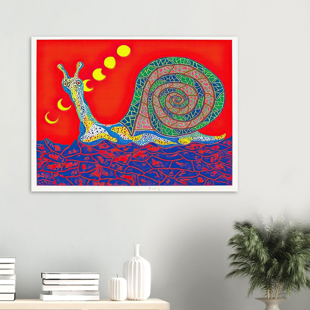 Yayoi Kusama poster — Snail takes a slow-moving creature and makes its spiral shell and delicate movement the center of attention