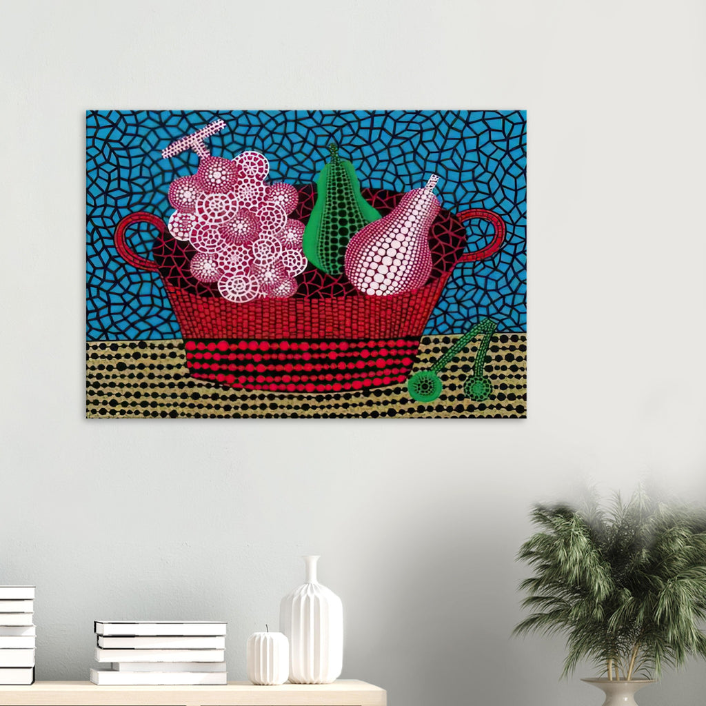 Yayoi Kusama canvas print — Panier de Fruits II from Amour pour Toujours turns a basket of fruit into a lively decorative still life