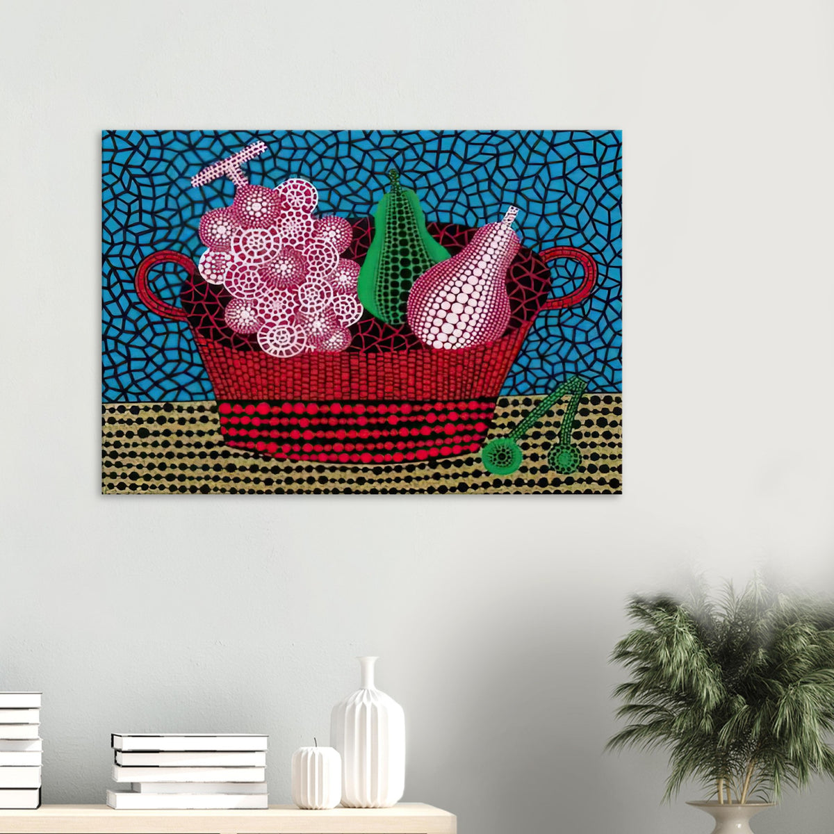 Yayoi Kusama canvas print — Panier de Fruits II from Amour pour Toujours turns a basket of fruit into a lively decorative still life