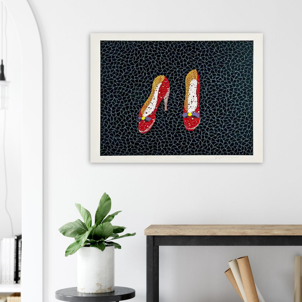Yayoi Kusama poster — Shoes (2) turns a footwear object into an image about shape, balance and individuality