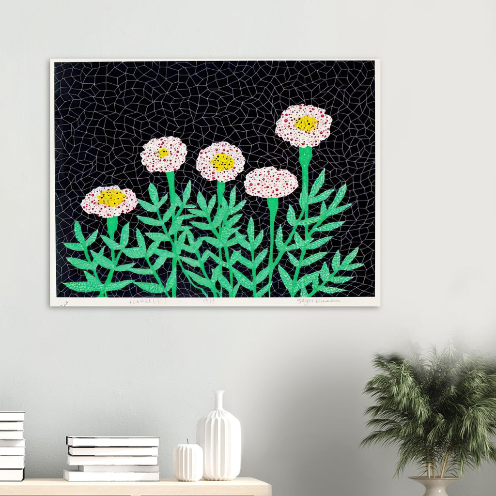 Yayoi Kusama poster — Flowers 1 places blooming forms at the center of the composition