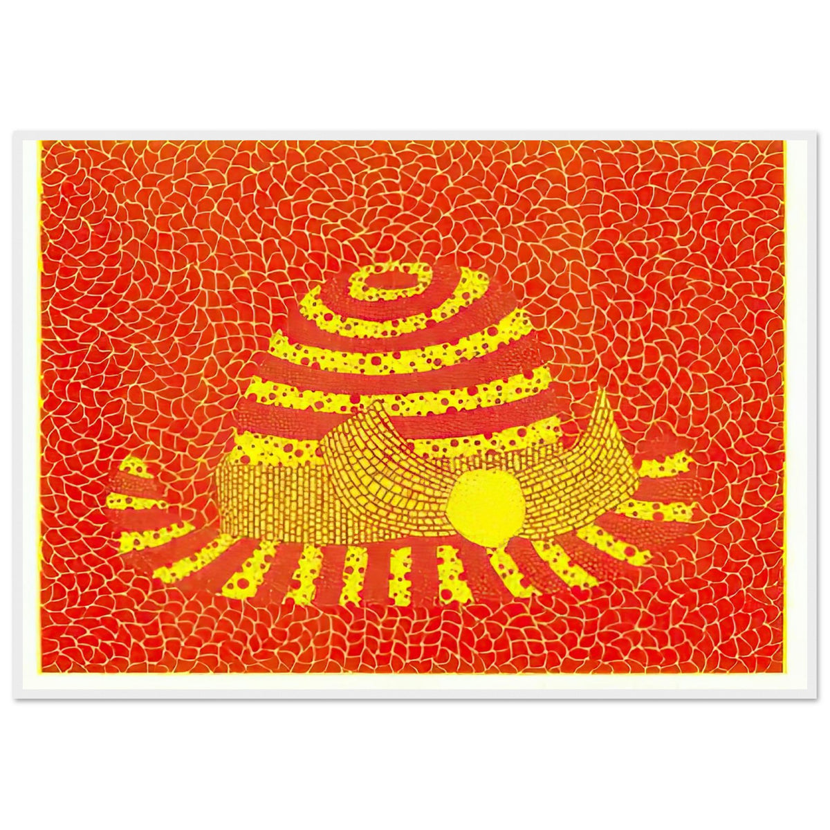 Yayoi Kusama framed print — Hat (Orange) presents a familiar accessory as an exercise in changing color and graphic character, white frame, 70x100 cm / 28x40″