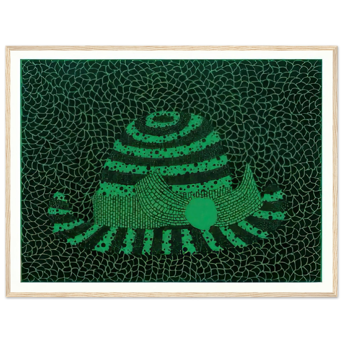 Yayoi Kusama framed print — Hat (Green) presents a familiar accessory as an exercise in changing color and graphic character, wood frame, 60x80 cm / 24x32″