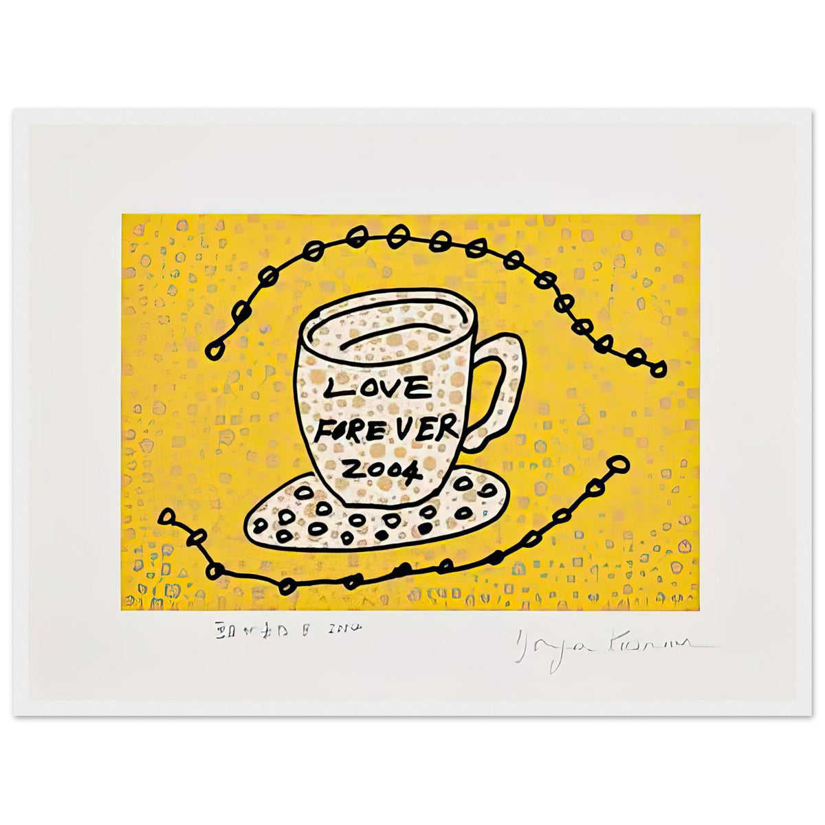 Yayoi Kusama framed print — Morning Is Here (B) joins a series of compact 2004 prints in which the beginning of the day becomes a subject for personal symbols and tightly controlled graphic, white frame, 45x60 cm / 18x24″