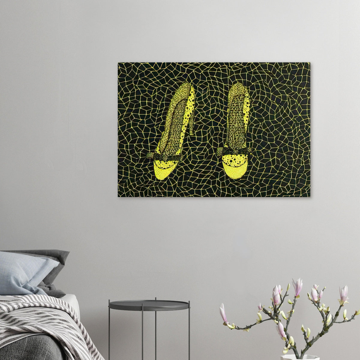 Yayoi Kusama canvas print — Shoes (3) turns a footwear object into an image about shape, balance and individuality