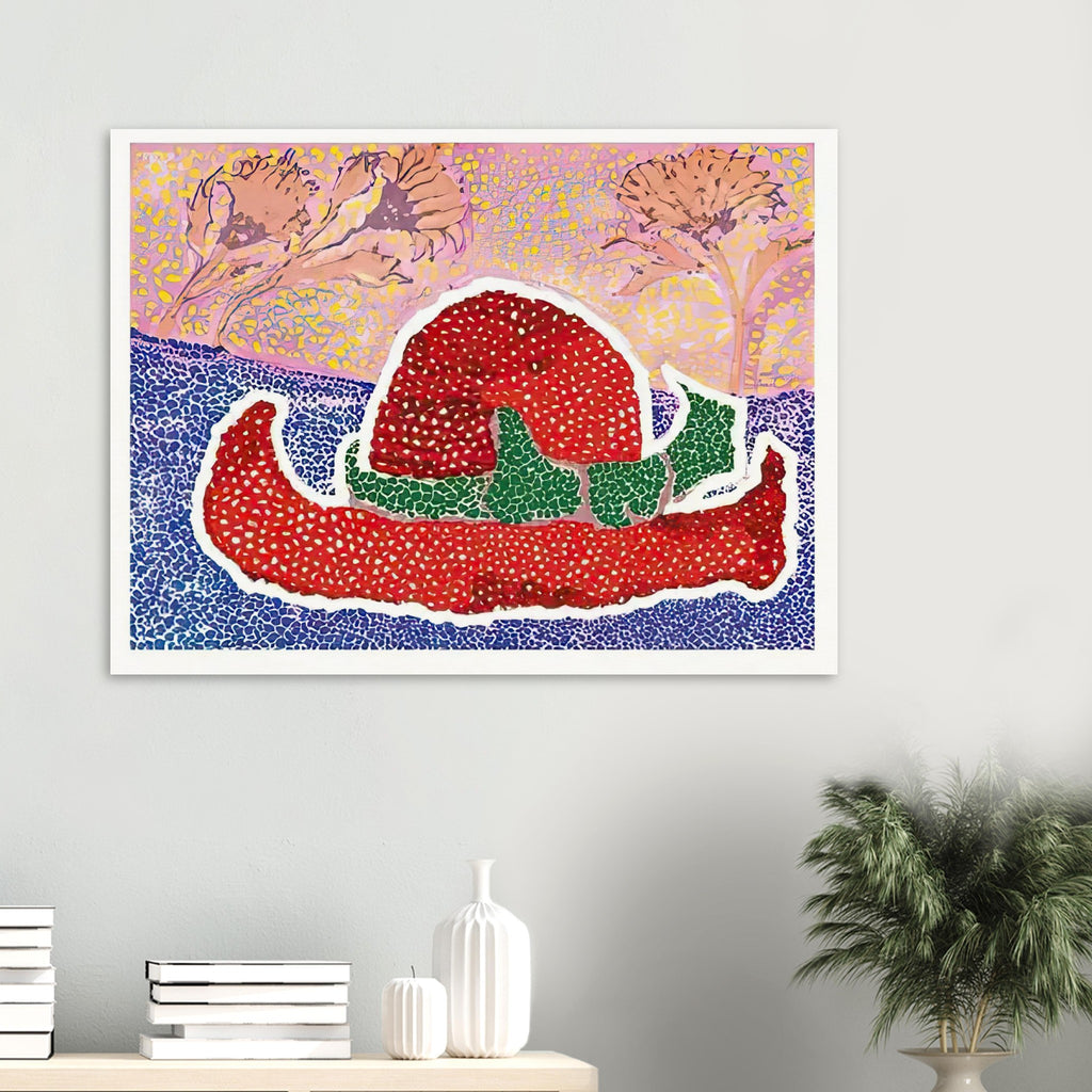 Yayoi Kusama poster — Hat Left Behind in the Field turns an unattended accessory into a scene with an implied human presence