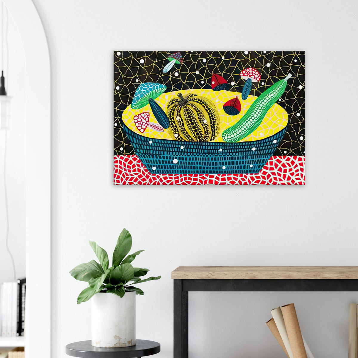 Yayoi Kusama canvas print — Fruits (2) turns an arrangement of fruit into a deliberately ornamental still life