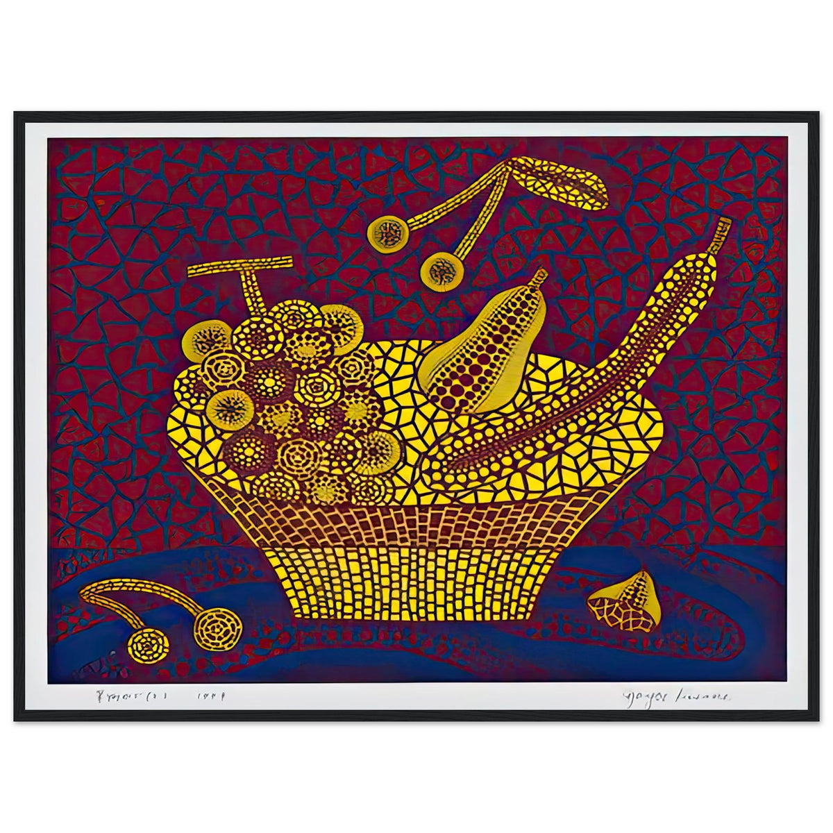 Yayoi Kusama framed print — Fruit Basket (2) by Yayoi Kusama explores one of the artist’s recurring subjects: the abundance of ordinary fruit, black frame, 60x80 cm / 24x32″