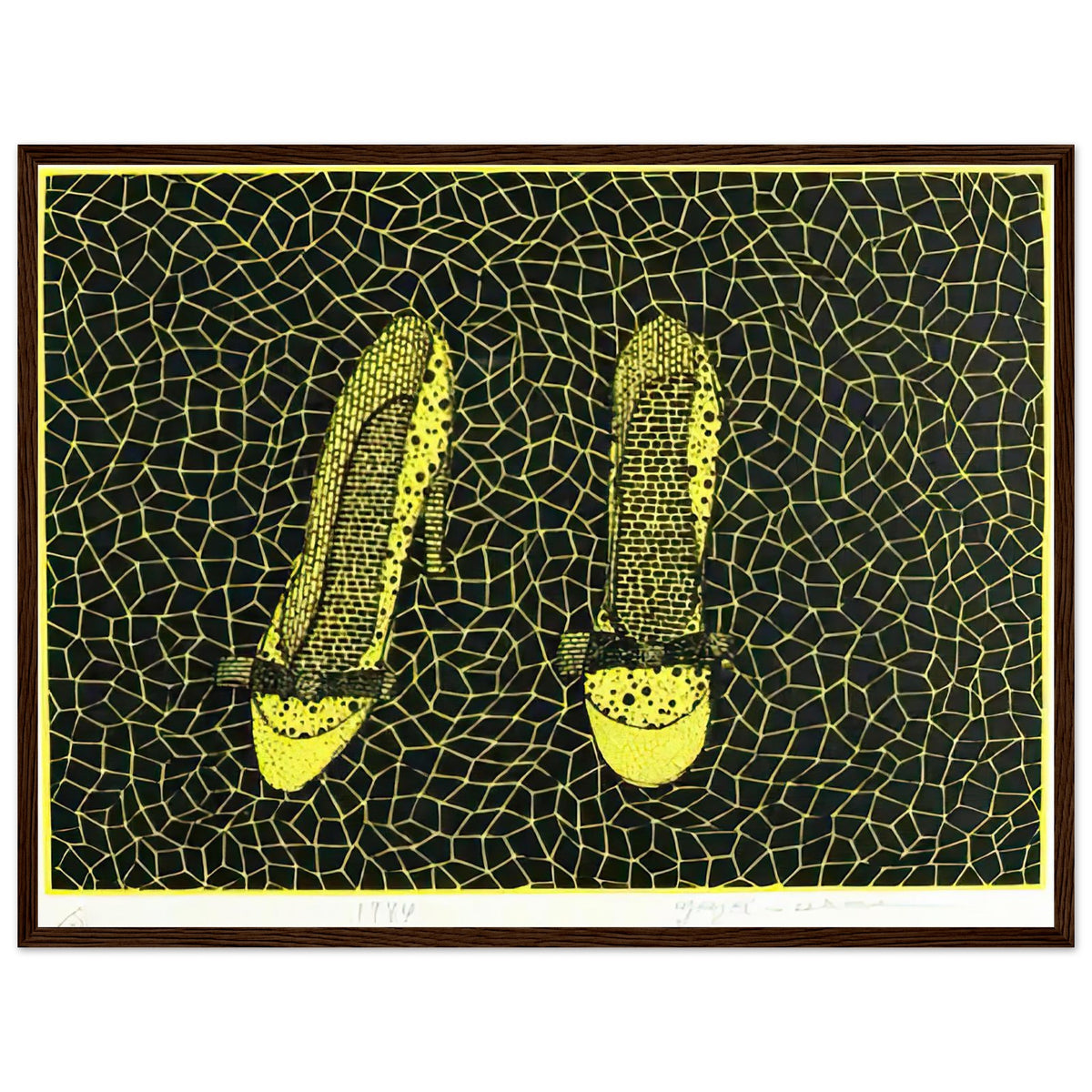Yayoi Kusama framed print — Shoes (3) turns a footwear object into an image about shape, balance and individuality, dark wood frame, 45x60 cm / 18x24″