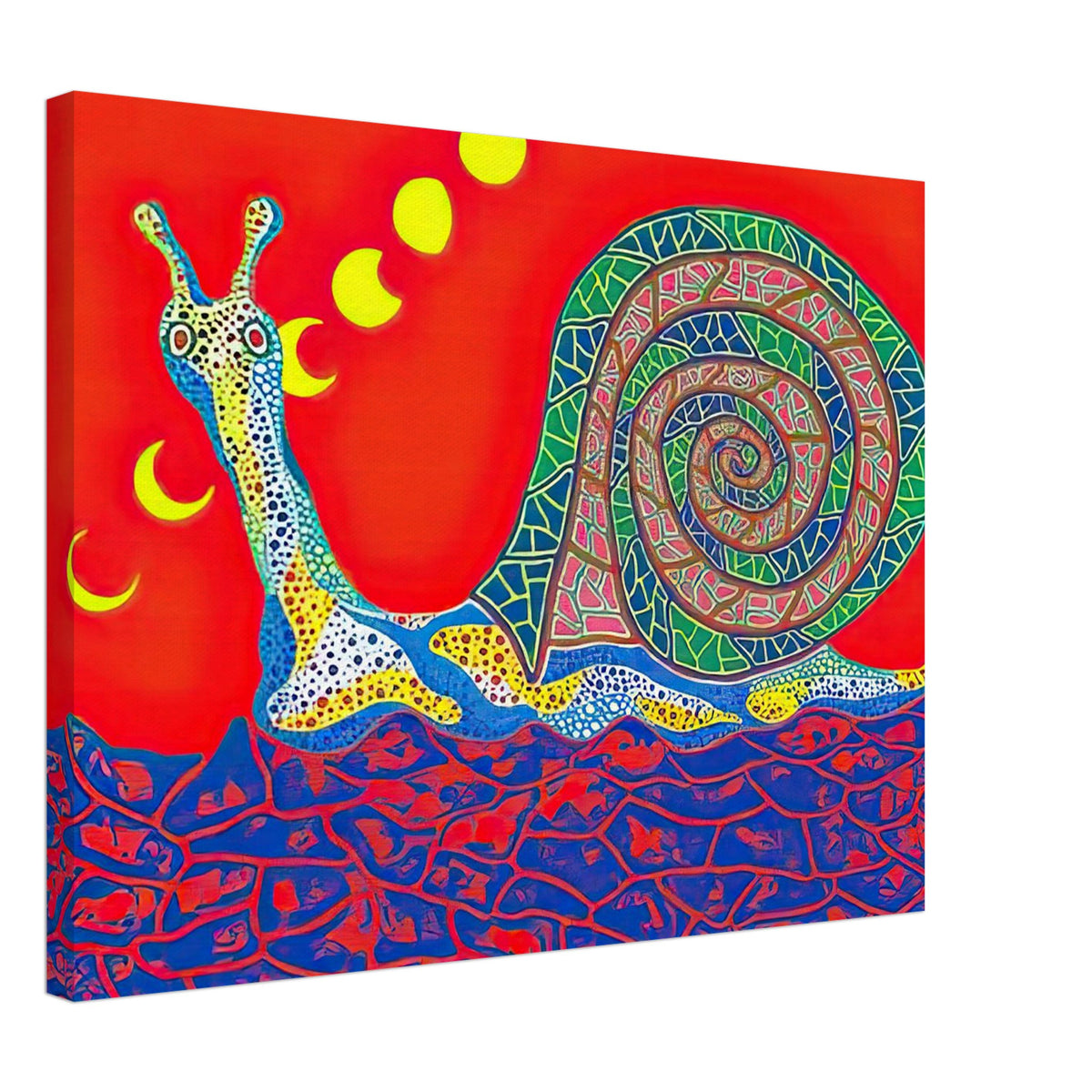 Yayoi Kusama canvas print — Snail takes a slow-moving creature and makes its spiral shell and delicate movement the center of attention, 45x60 cm / 18x24″