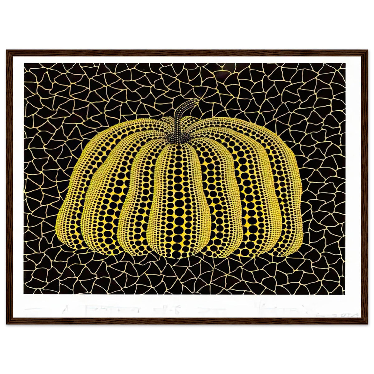 Yayoi Kusama framed print — Pumpkin (YB-B) [Kusama 327] revisits Kusama’s best-known vegetable through the relationship between its distinctive form and repeating ornament, dark wood frame, 45x60 cm / 18x24″