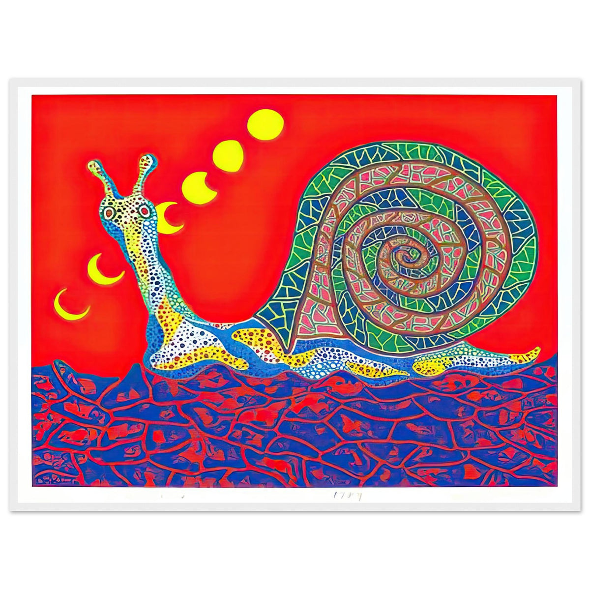 Yayoi Kusama framed print — Snail takes a slow-moving creature and makes its spiral shell and delicate movement the center of attention, white frame, 60x80 cm / 24x32″