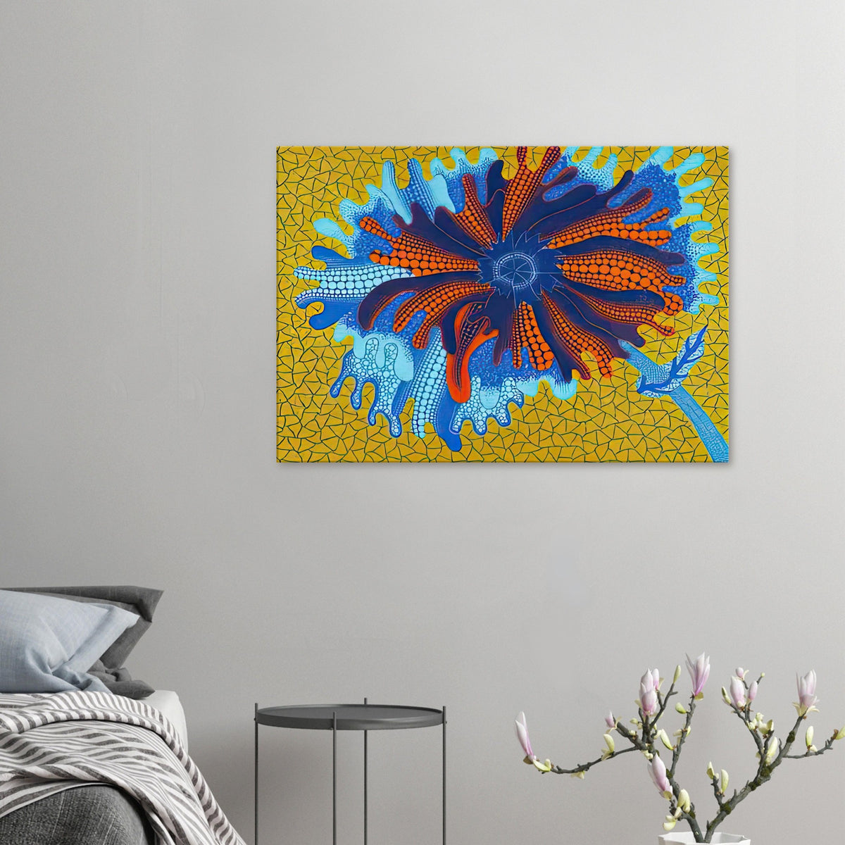 Yayoi Kusama canvas print — Flower (B) treats a single flowering motif as a complete visual world