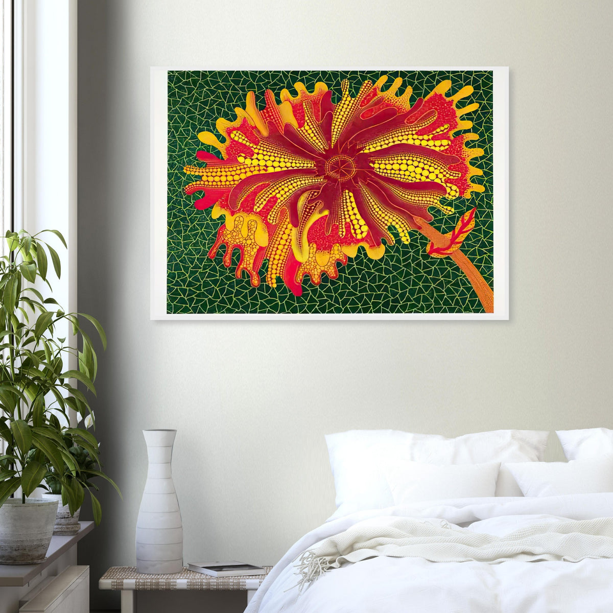 Yayoi Kusama framed print — Flower (A) treats a single flowering motif as a complete visual world