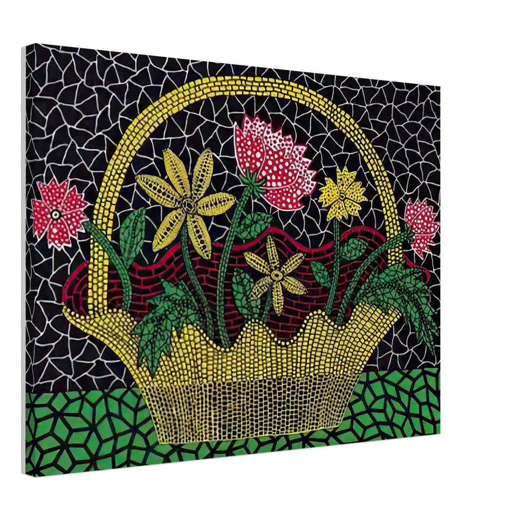 Yayoi Kusama canvas print — Flower Basket brings a traditional still-life arrangement into Kusama’s unmistakably decorative, pattern-driven world, 45x60 cm / 18x24″