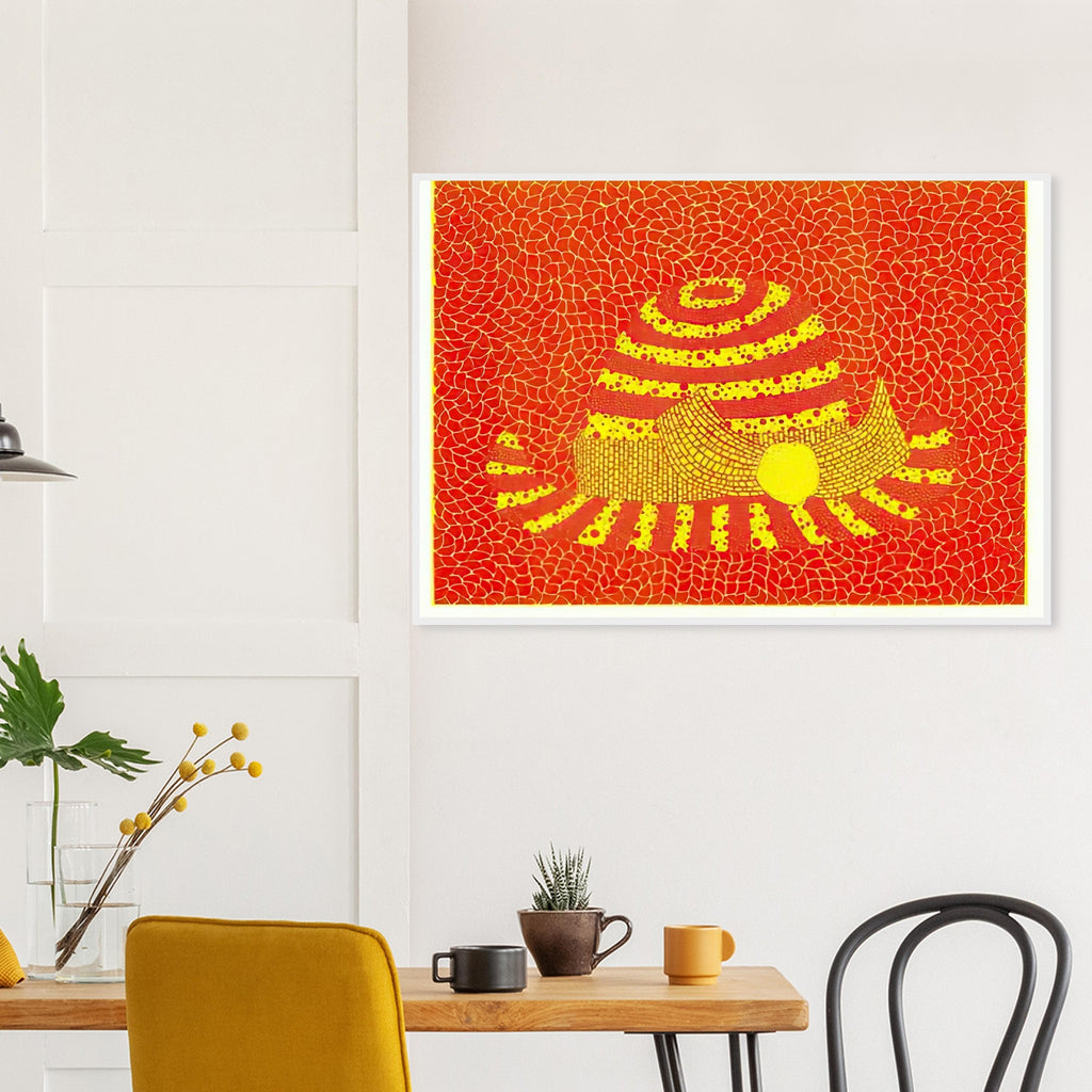 Yayoi Kusama framed print — Hat (Orange) presents a familiar accessory as an exercise in changing color and graphic character