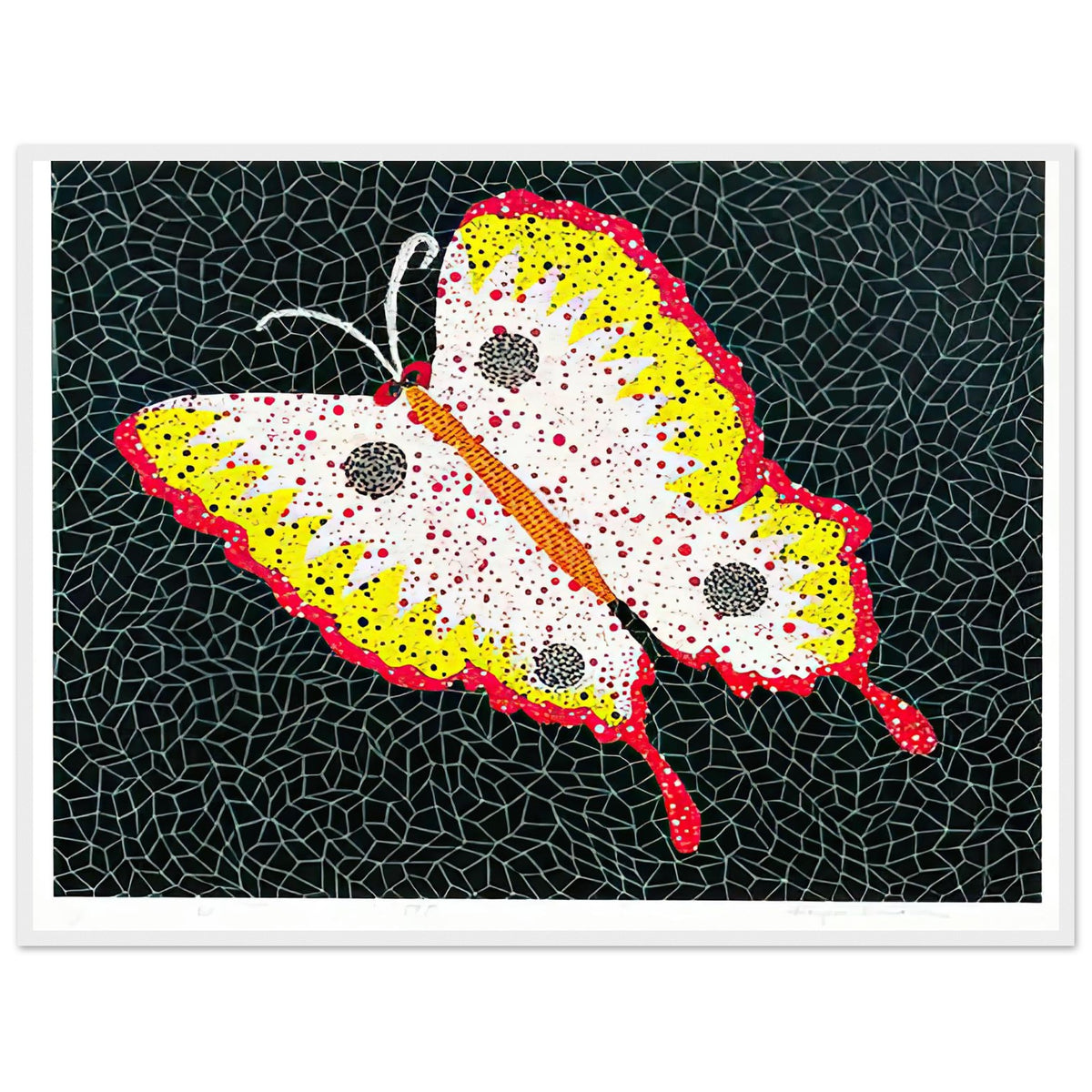 Yayoi Kusama framed print — Butterfly [Kusama 81] by Yayoi Kusama takes the lightness of a butterfly and gives it graphic intensity through pattern, white frame, 60x80 cm / 24x32″