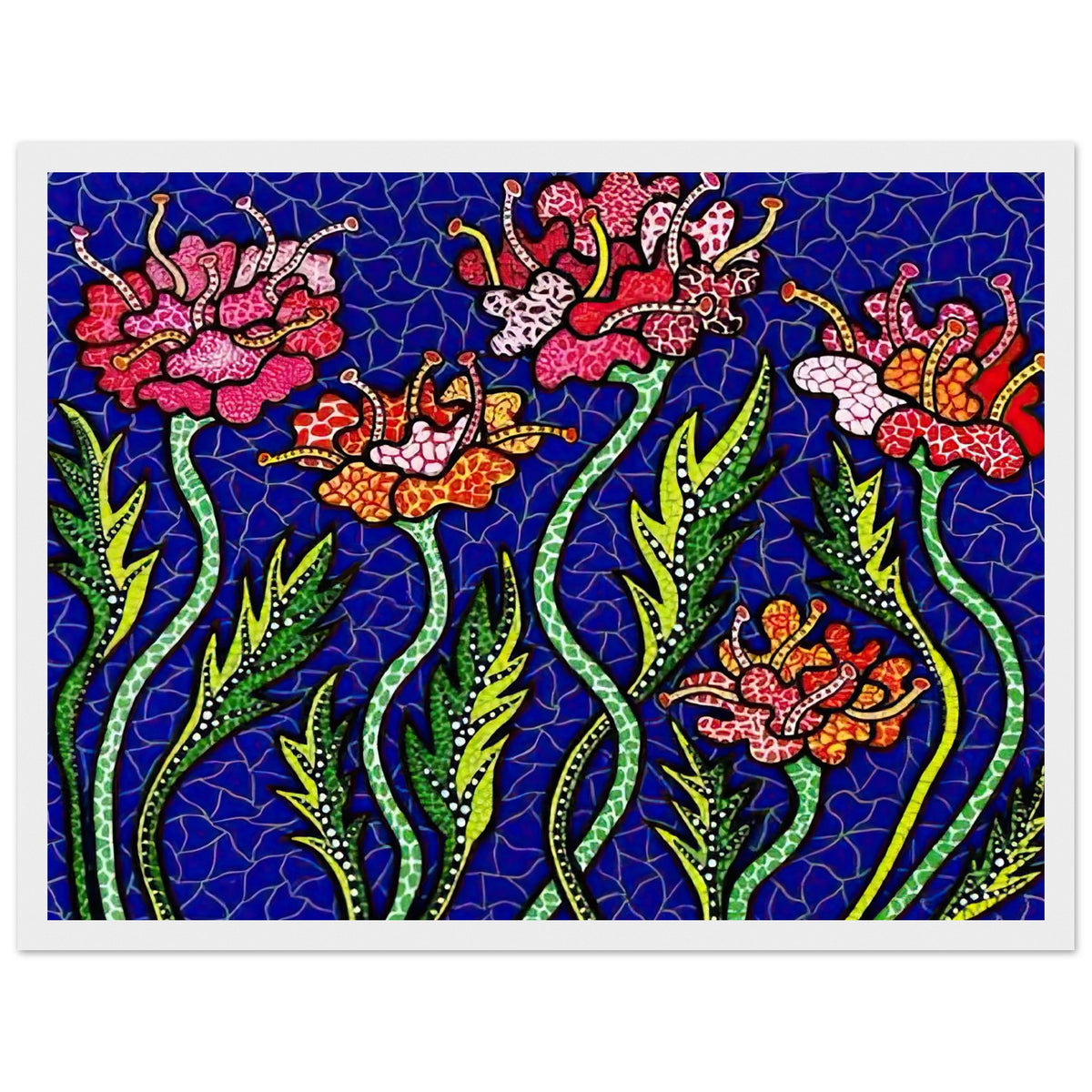 Yayoi Kusama framed print — Summer Flowers brings a seasonal specificity to Kusama’s botanical imagery, suggesting a moment of warmth and vigorous bloom, white frame, 30x40 cm / 12x16″