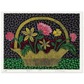 Yayoi Kusama poster — Flower Basket brings a traditional still-life arrangement into Kusama’s unmistakably decorative, pattern-driven world, 15x20 cm / 6x8″