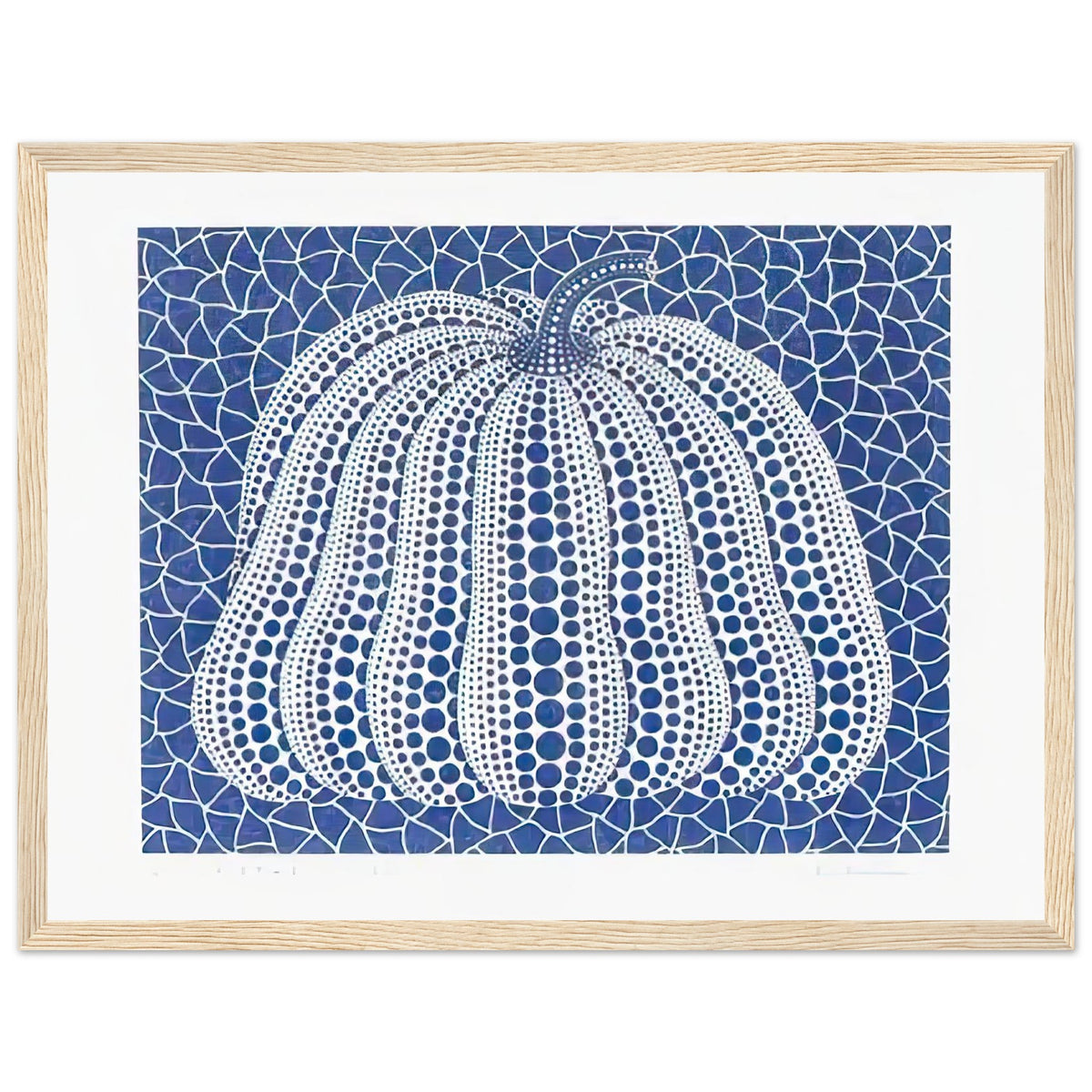Yayoi Kusama framed print — Pumpkin (Blue, Version 2) presents Kusama’s familiar pumpkin through an explicitly blue variation, wood frame, 30x40 cm / 12x16″