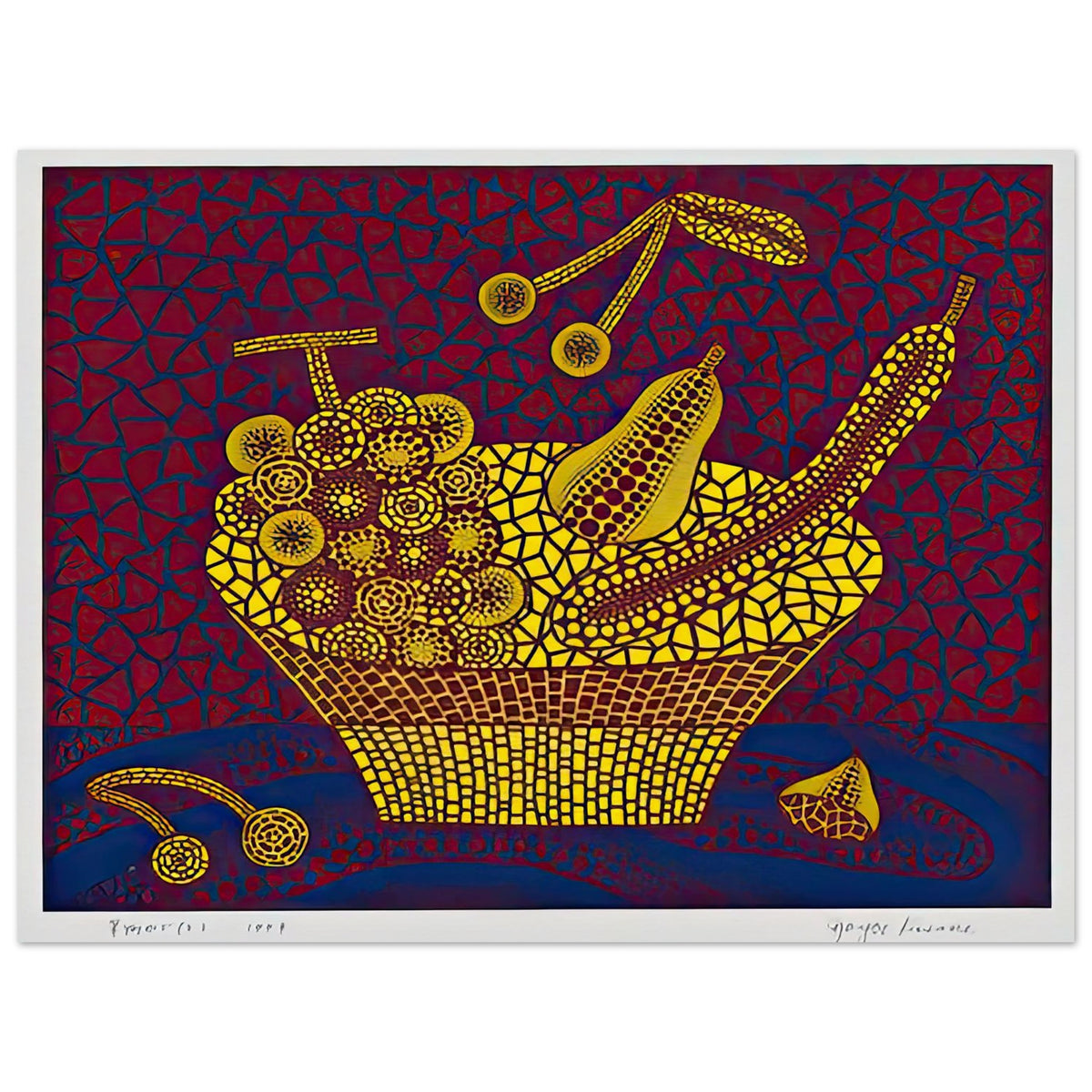 Yayoi Kusama poster — Fruit Basket (2) by Yayoi Kusama explores one of the artist’s recurring subjects: the abundance of ordinary fruit, 30x40 cm / 12x16″