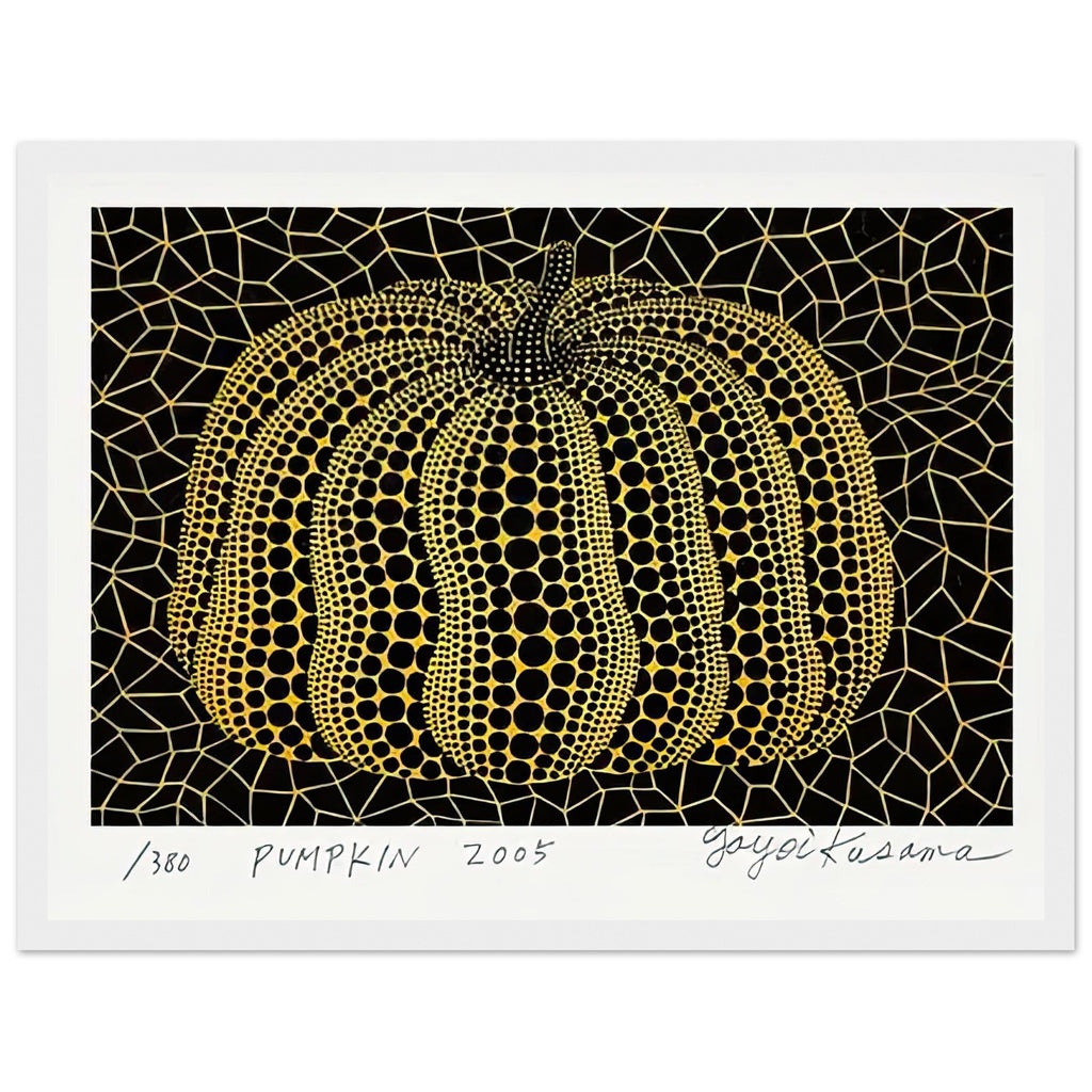 Yayoi Kusama framed print — Pumpkin places the rounded gourd at the center of Kusama’s visual imagination, treating a humble vegetable as an individual character, white frame, 30x40 cm / 12x16″