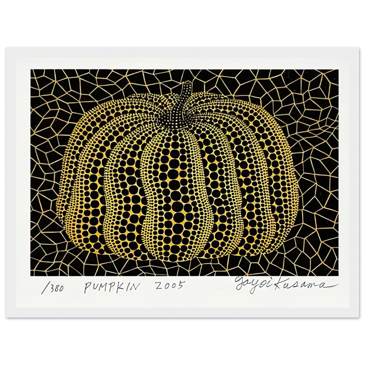 Yayoi Kusama framed print — Pumpkin places the rounded gourd at the center of Kusama’s visual imagination, treating a humble vegetable as an individual character, white frame, 30x40 cm / 12x16″