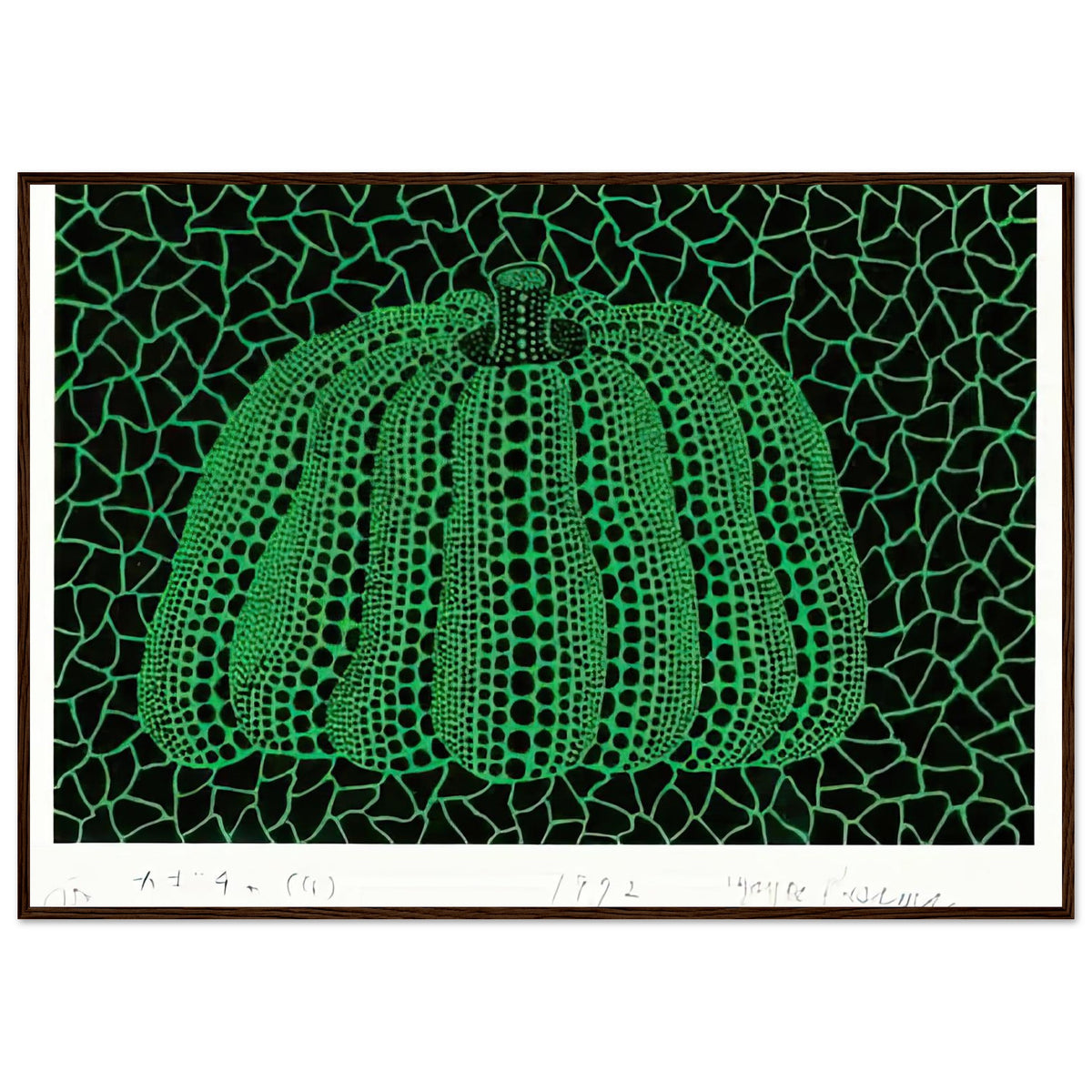 Yayoi Kusama framed print — Pumpkin (G) [Kusama 151] revisits Kusama’s best-known vegetable through the relationship between its distinctive form and repeating ornament, dark wood frame, 70x100 cm / 28x40″
