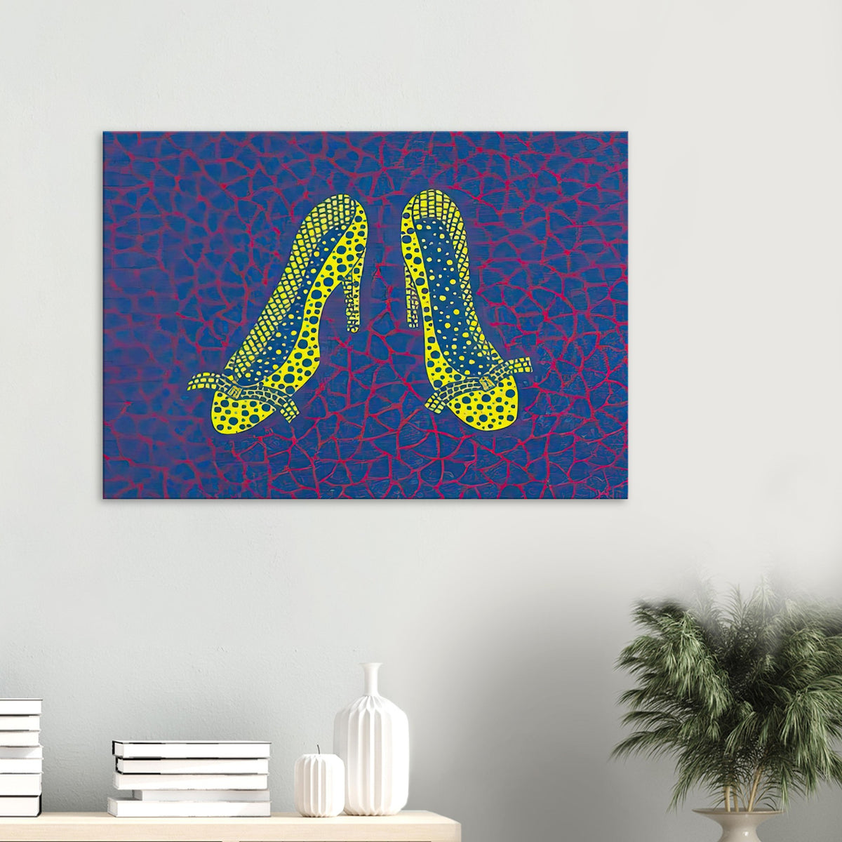 Yayoi Kusama canvas print — High Heels (4) makes a fashion accessory the protagonist of a Kusama print