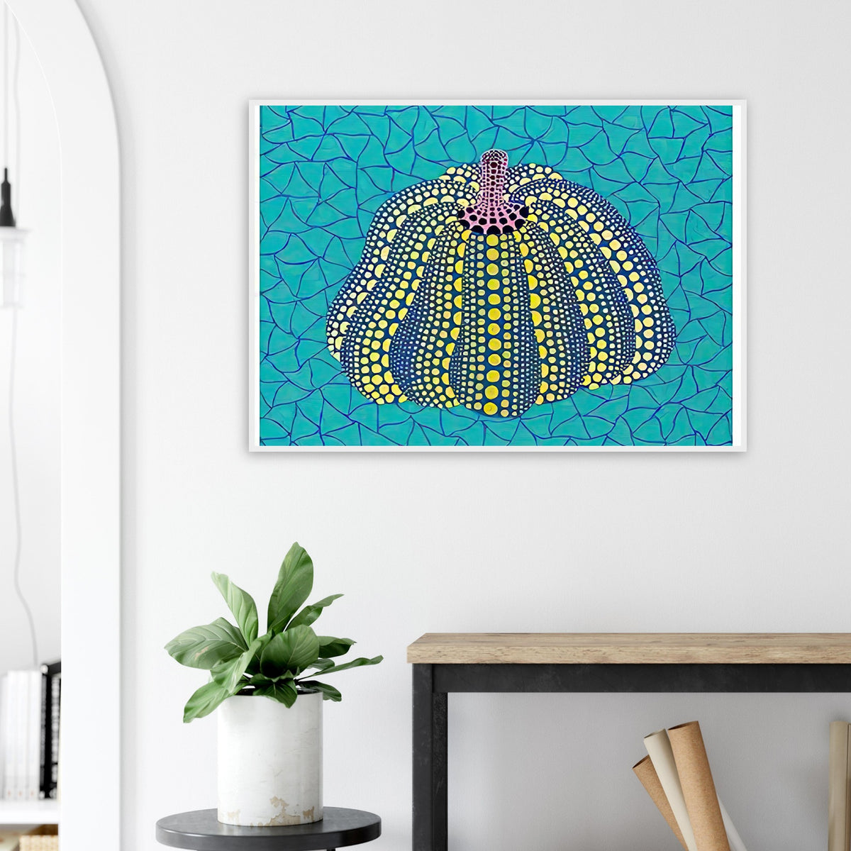 Yayoi Kusama framed print — Pumpkin (OG) [Kusama 156] revisits Kusama’s best-known vegetable through the relationship between its distinctive form and repeating ornament