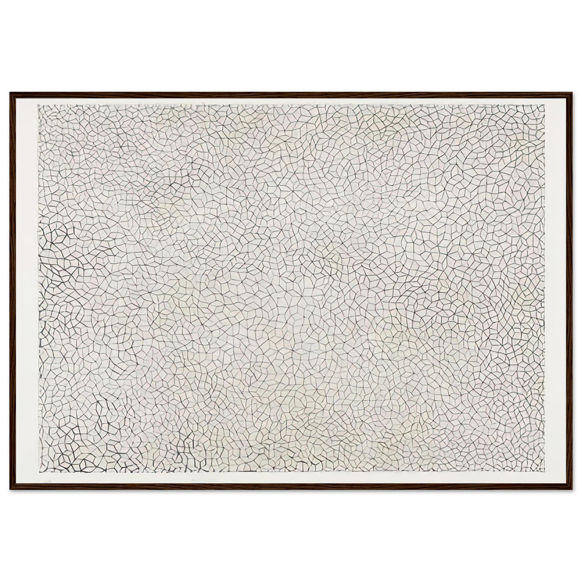Yayoi Kusama framed print — Infinity Nets (Image 3) explores Kusama’s Infinity Net as a field built from countless repeated marks, dark wood frame, 70x100 cm / 28x40″