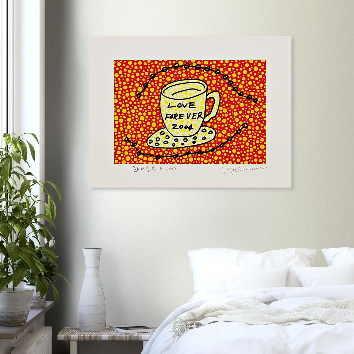 Yayoi Kusama poster — Morning Is Here (E) joins a series of compact 2004 prints in which the beginning of the day becomes a subject for personal symbols and tightly controlled graphic