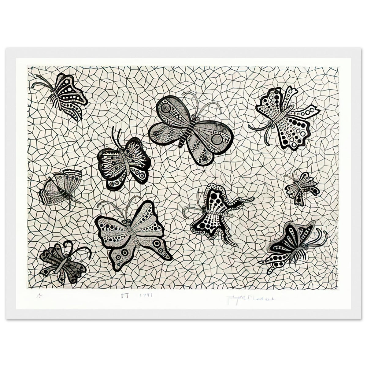 Yayoi Kusama framed print — Butterflies draws on the delicate symmetry and movement of a familiar insect, a recurring subject in Kusama’s printmaking, white frame, 30x40 cm / 12x16″