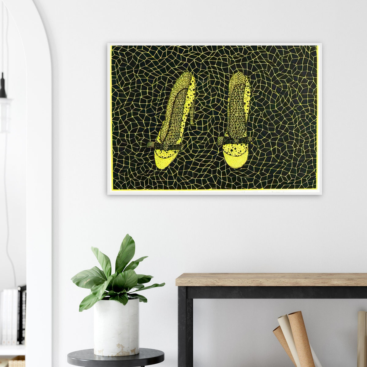 Yayoi Kusama framed print — Shoes (3) turns a footwear object into an image about shape, balance and individuality