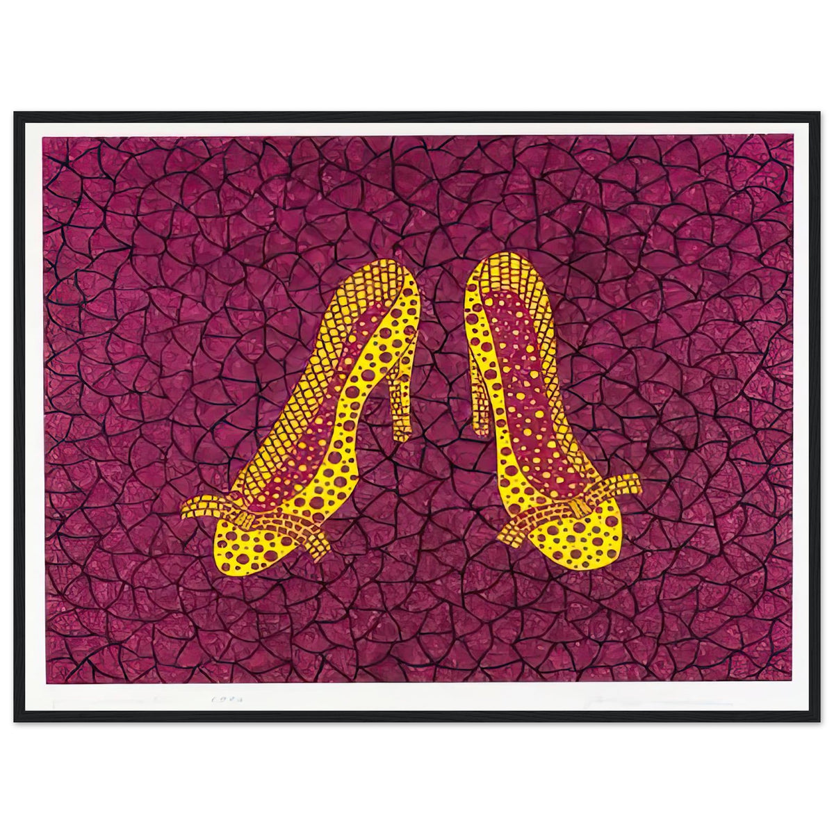 Yayoi Kusama framed print — High Heels (2) makes a fashion accessory the protagonist of a Kusama print, black frame, 60x80 cm / 24x32″