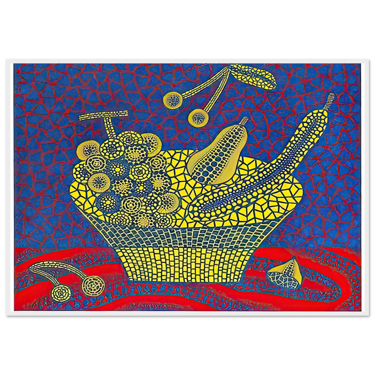 Yayoi Kusama framed print — Fruit Basket (1) by Yayoi Kusama explores one of the artist’s recurring subjects: the abundance of ordinary fruit, white frame, 70x100 cm / 28x40″