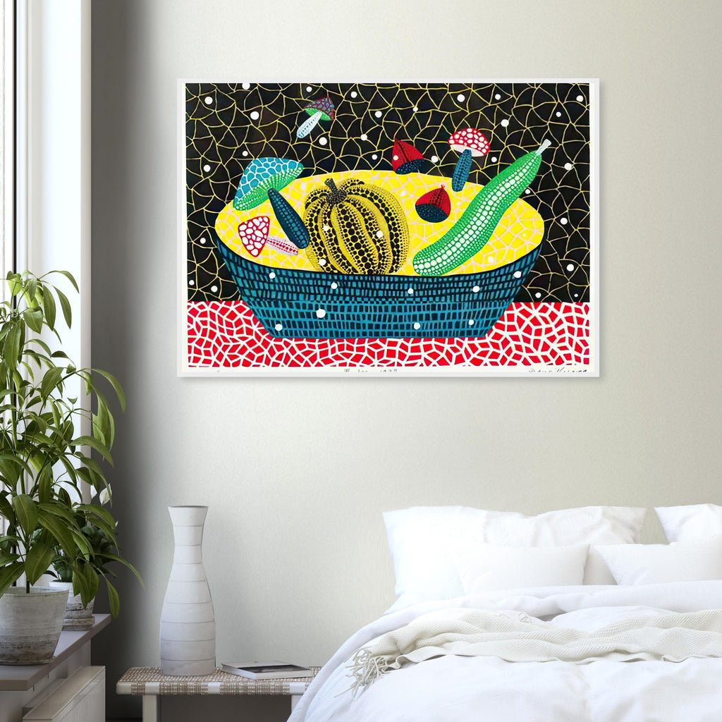 Yayoi Kusama framed print — Fruits (2) turns an arrangement of fruit into a deliberately ornamental still life