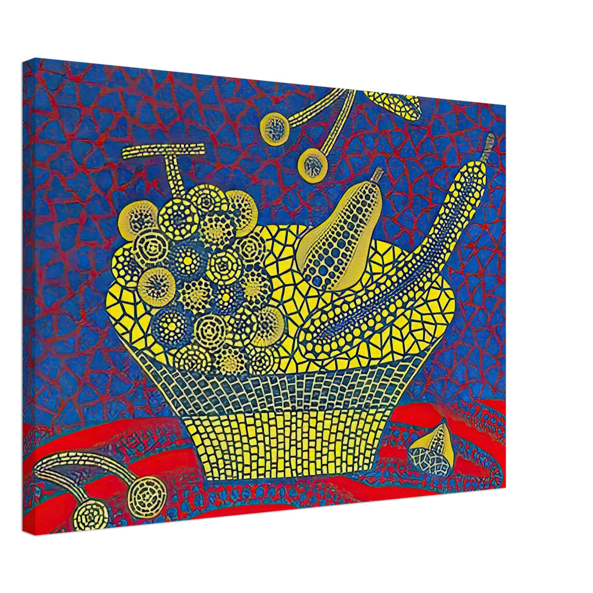 Yayoi Kusama canvas print — Fruit Basket (1) by Yayoi Kusama explores one of the artist’s recurring subjects: the abundance of ordinary fruit, 50x70 cm / 20x28″