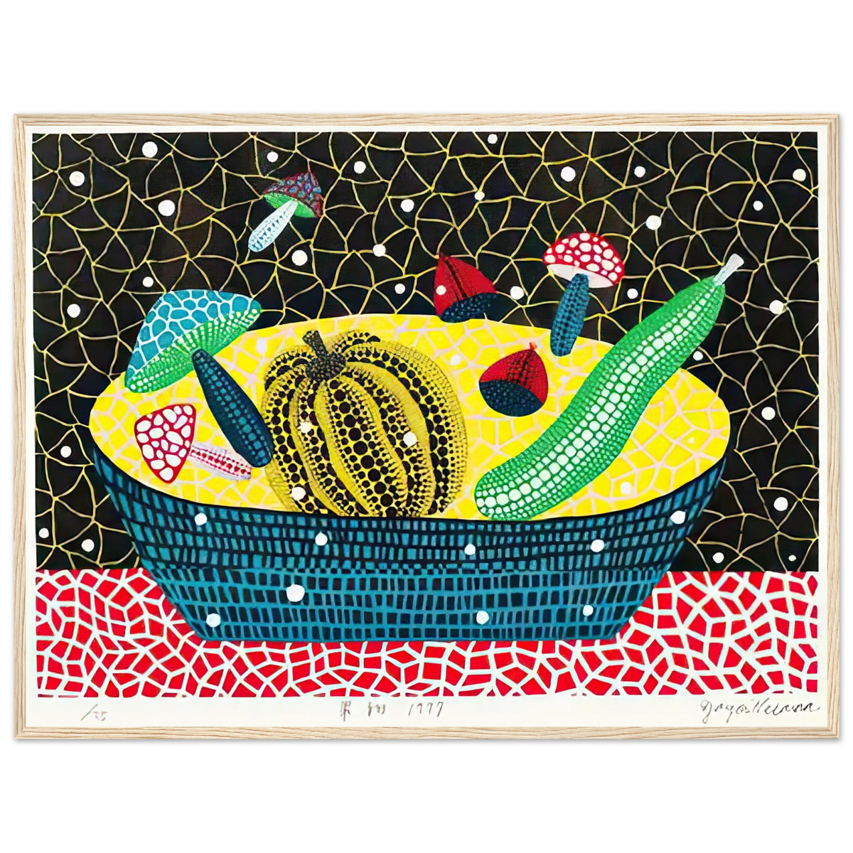 Yayoi Kusama framed print — Fruits (2) turns an arrangement of fruit into a deliberately ornamental still life, wood frame, 60x80 cm / 24x32″